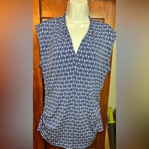 Vince Camuto Blue and White Blouse with Notched Collar and Waist Shirring